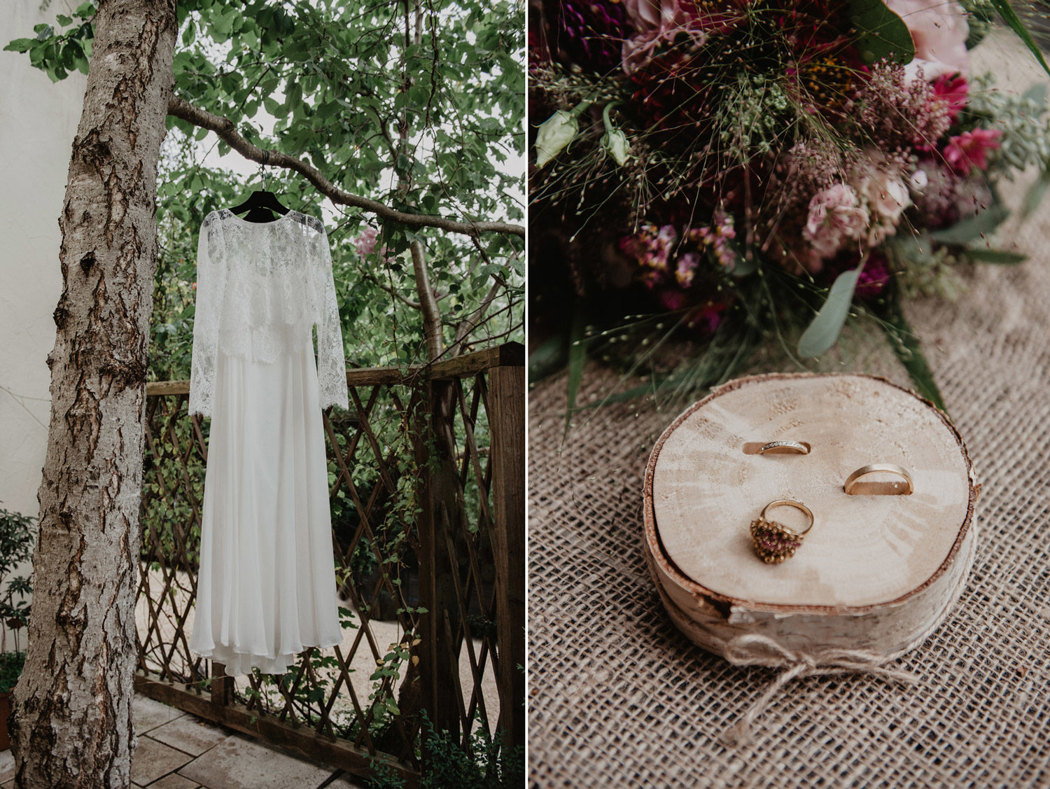 elfenkleid wedding dress hanging in tree with gold wedding rings