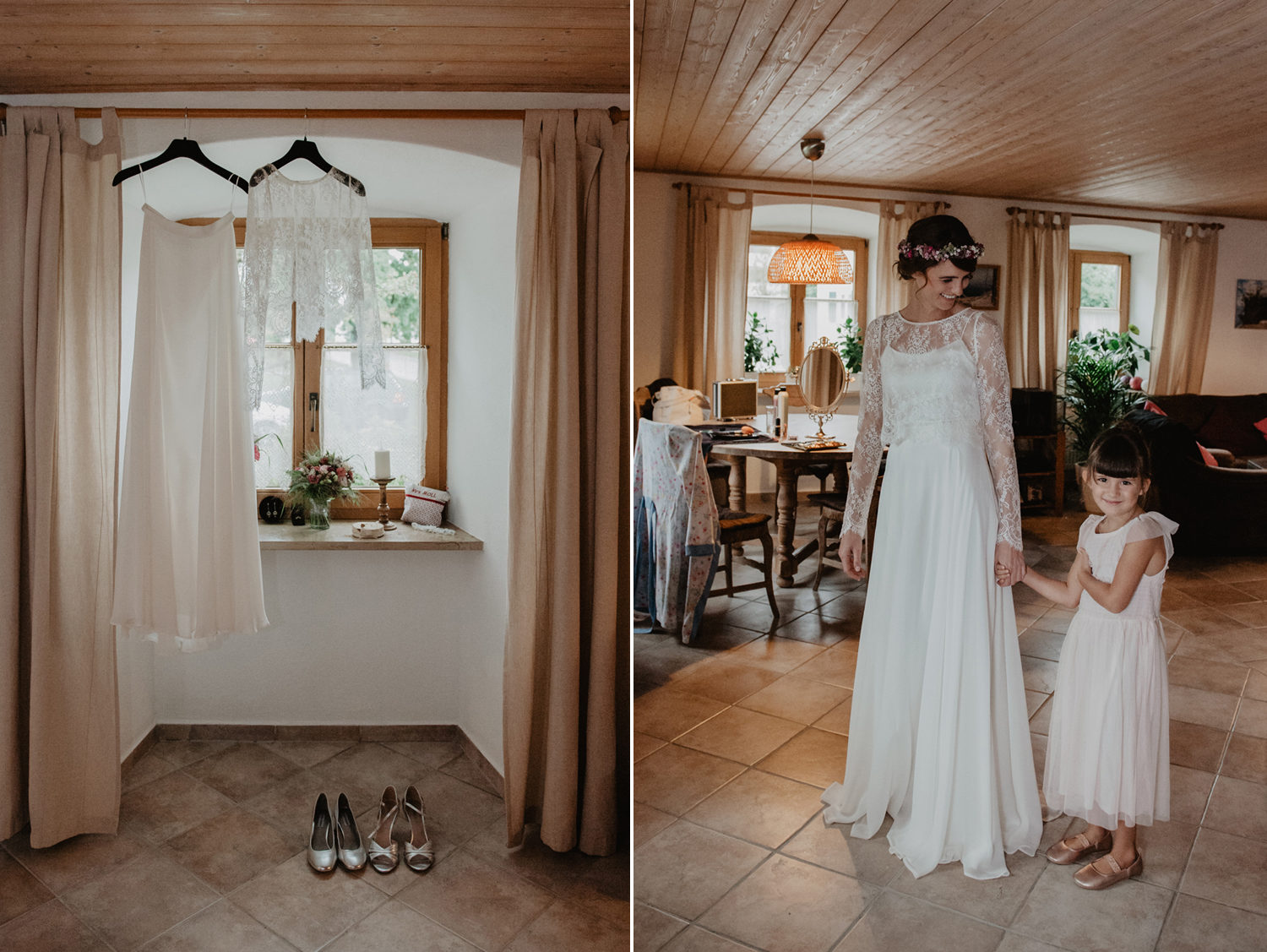 elfenkleid wedding dress and lace top hanging in window in rustic farm kitchen 
