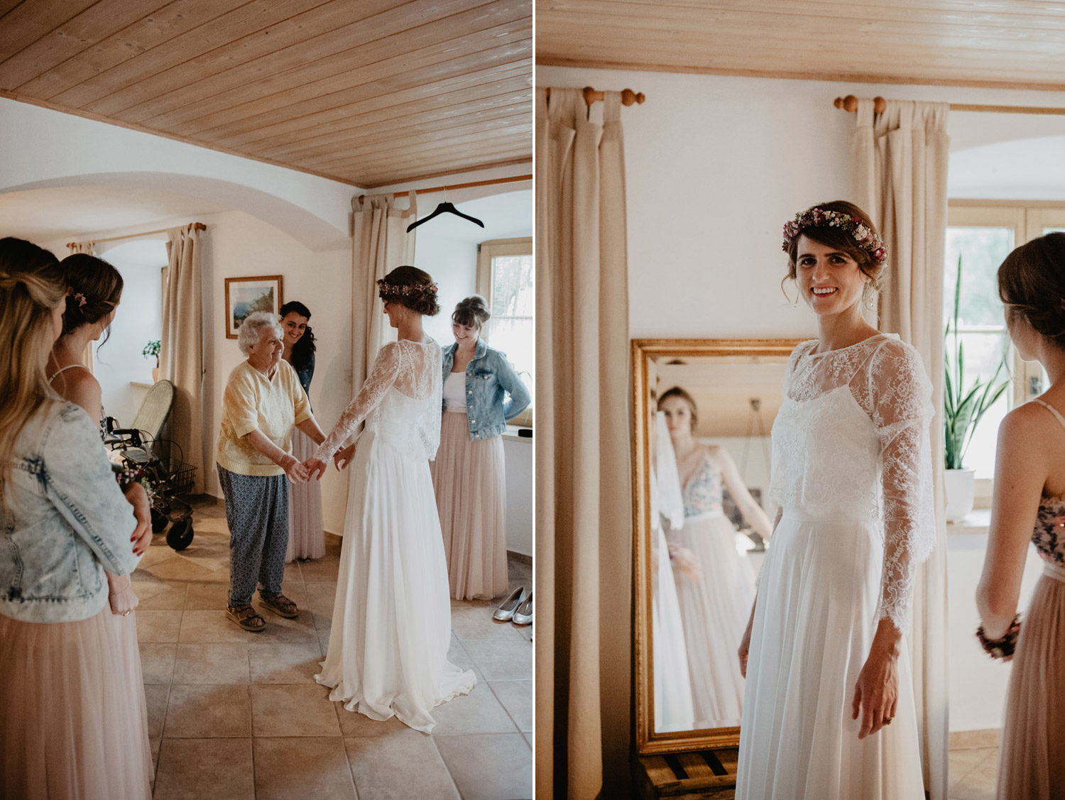 bride wearing flower crown and classic lace elfenkleid dress having a tender moment with grandmother before ceremony i