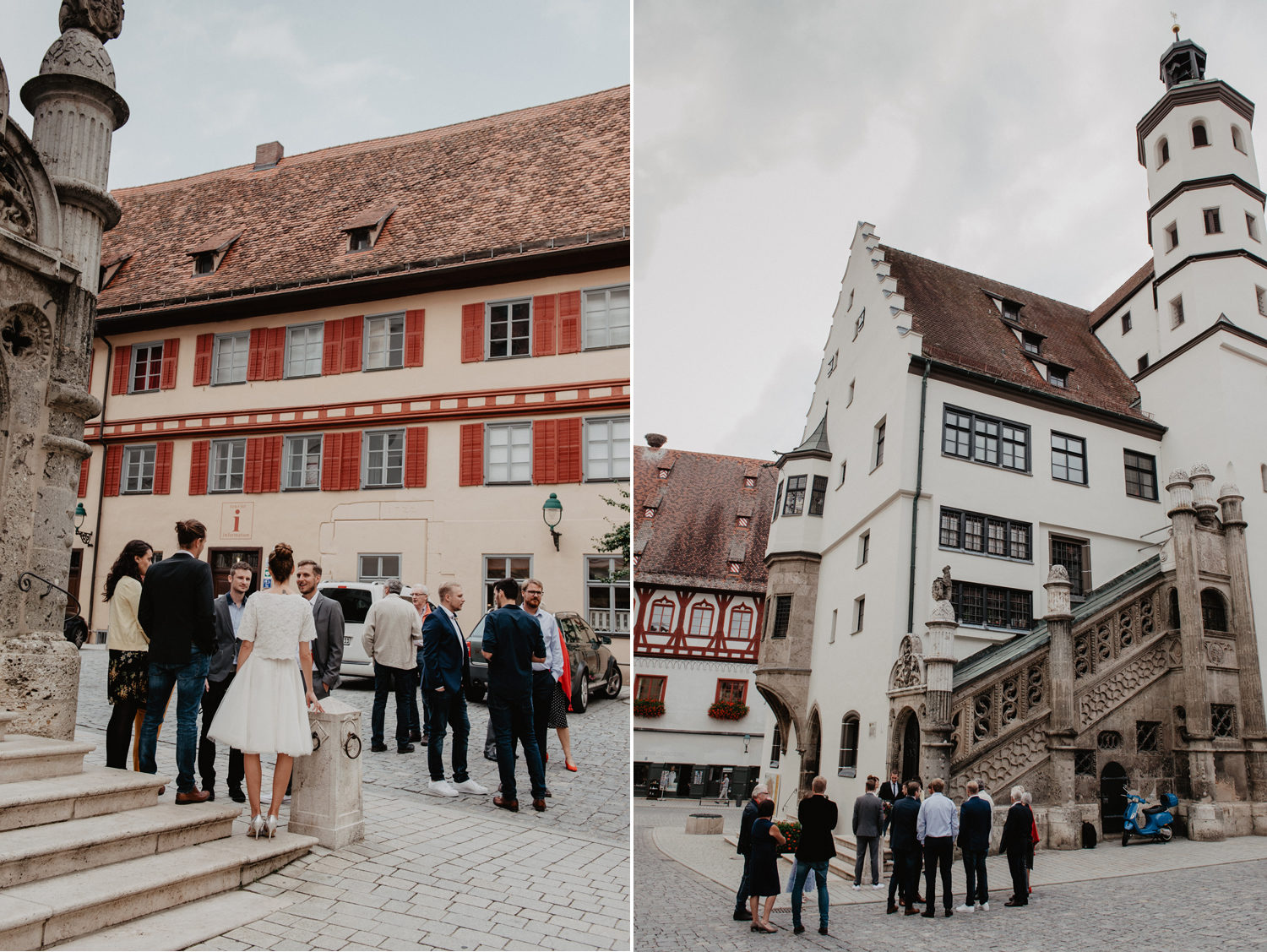wedding guests waiting in the town square in front of medieval town hall in noerdlingen germany
