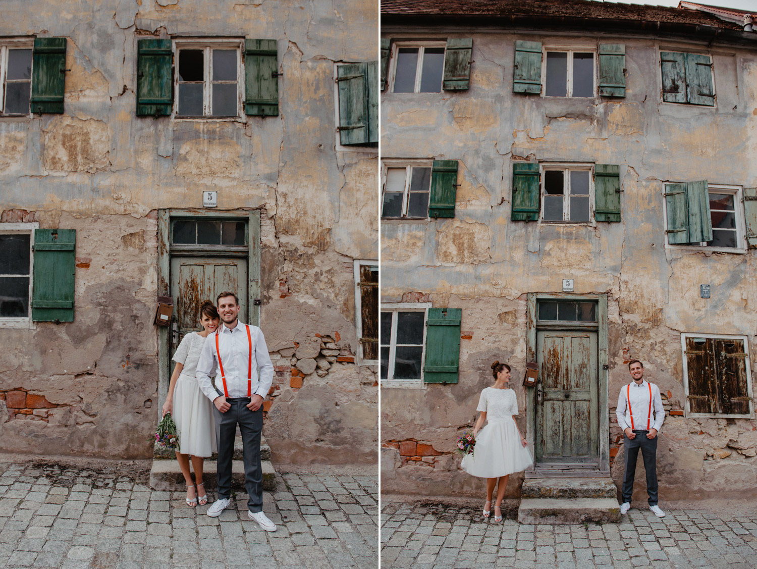 boho wedding couple in front of italian sandstone house with crumbling facade noerdlingen 
