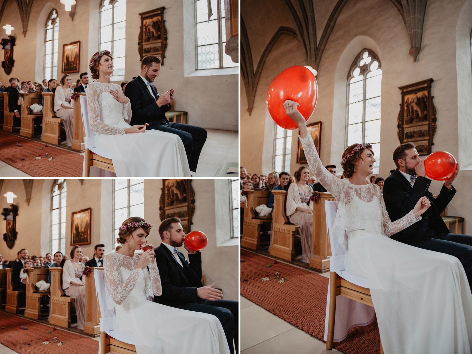 couple blowing up red heart balloons during boho church ceremony 