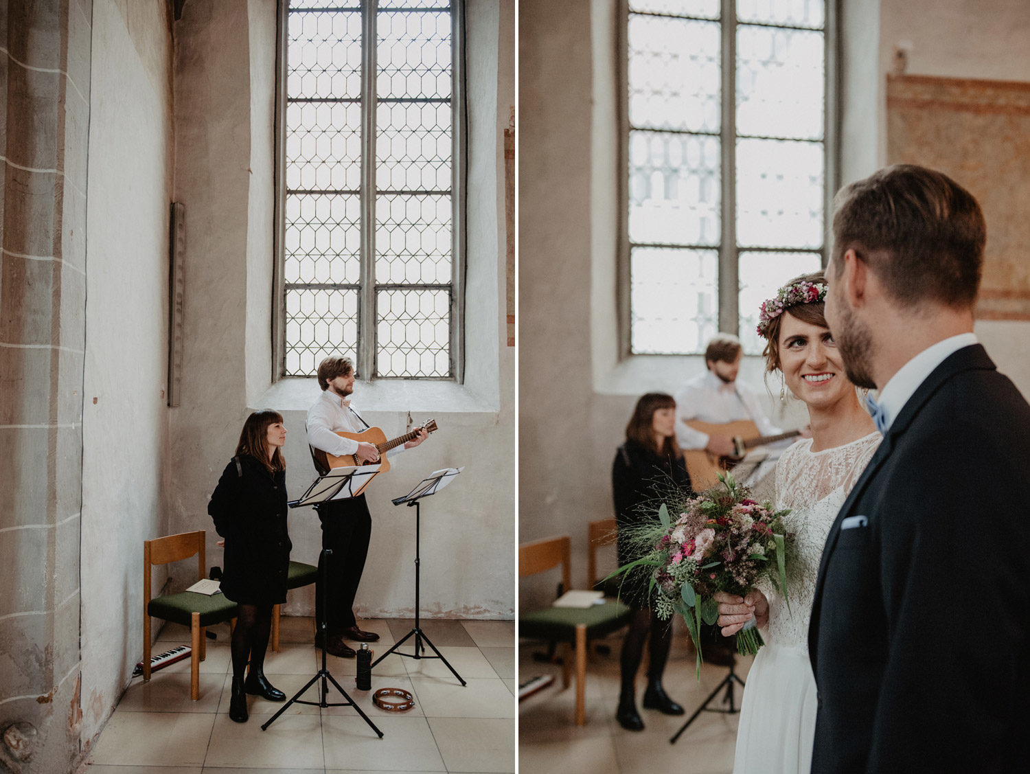 bride with flowercrown and groom in white scandinavian church with folk musicians