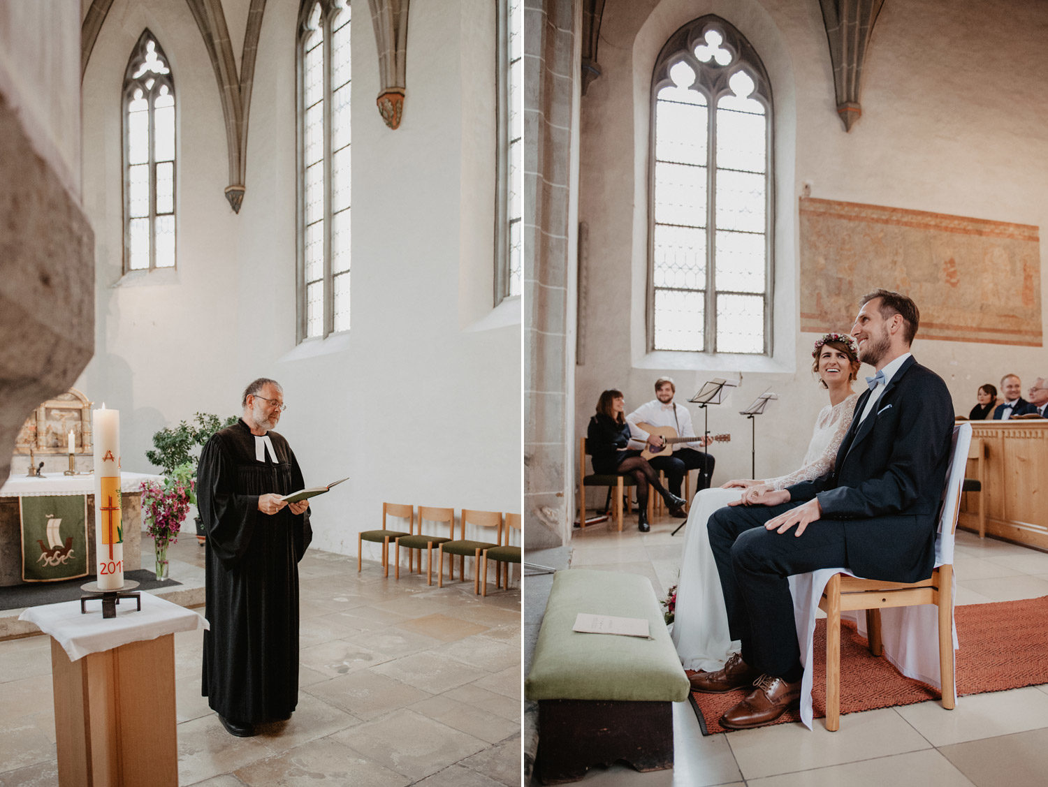 bohemian wedding couple in midcentury modern scandi style church 