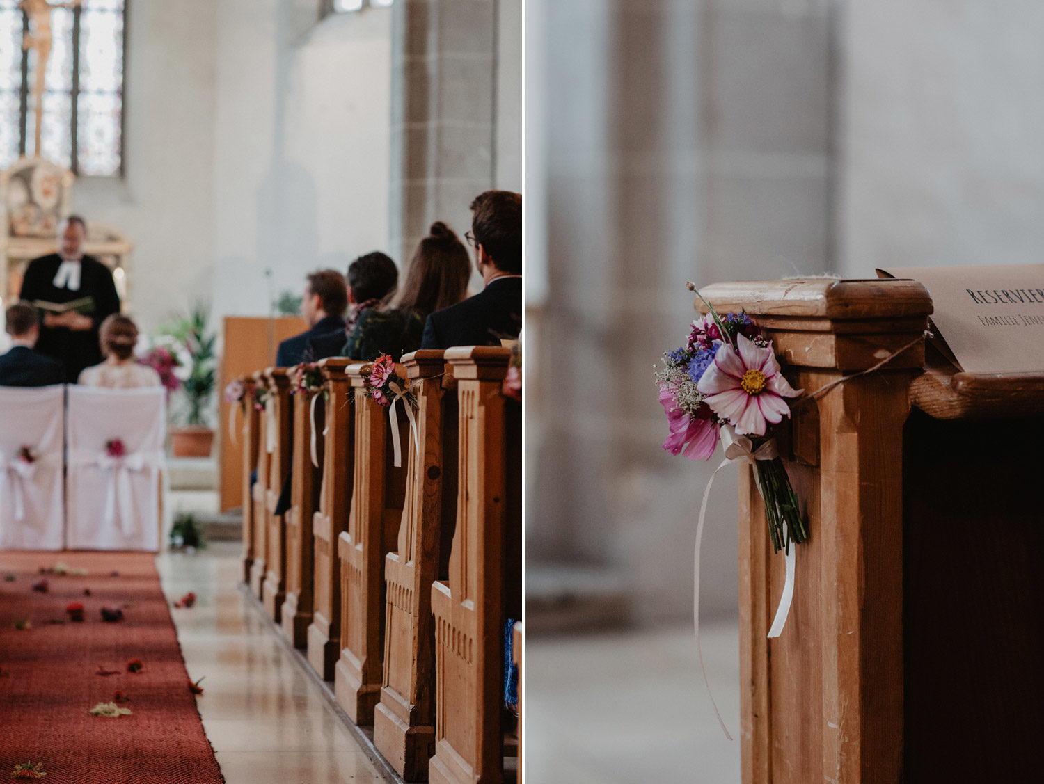 bohemian meadow flower pew decorations in swedish church