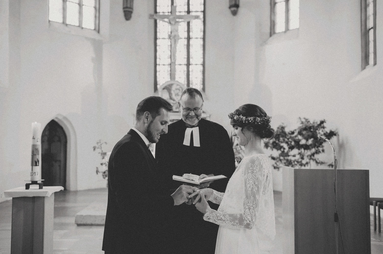 bohemian wedding couple in midcentury modern scandi style church 