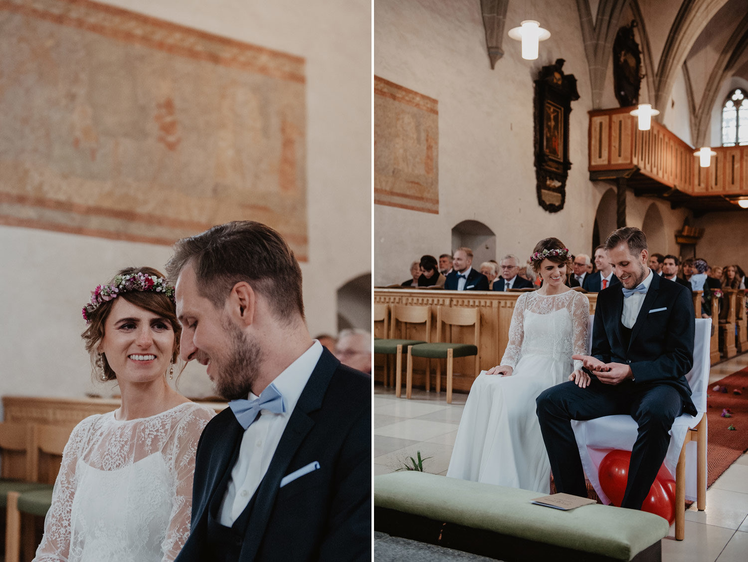 first kiss at boho wedding with meadow flowers in modern church