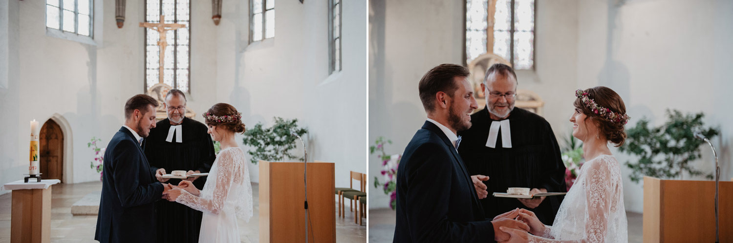 bohemian wedding couple in midcentury modern scandi style church