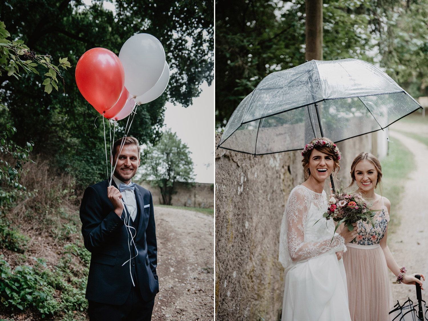 groom with balloons and boho bride with flowercrown and umbrella laughing in the rain at forest wedding