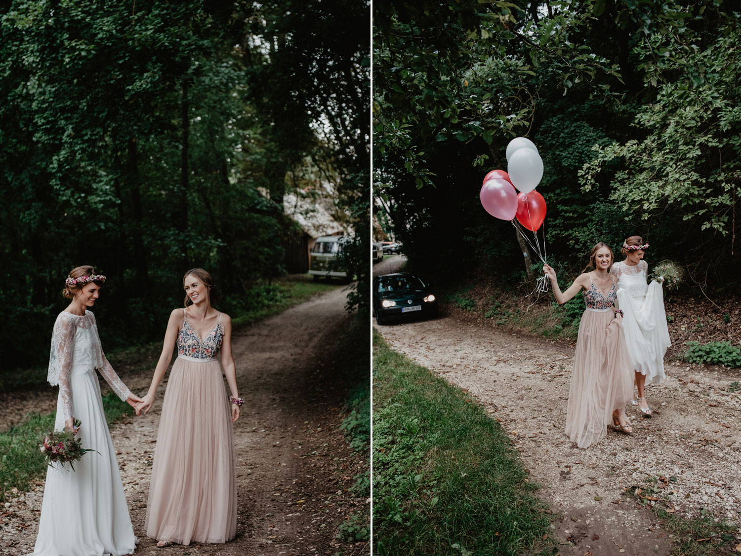 boho bride with flowercrown and bridesmaid with balloons at tipi wedding in forest