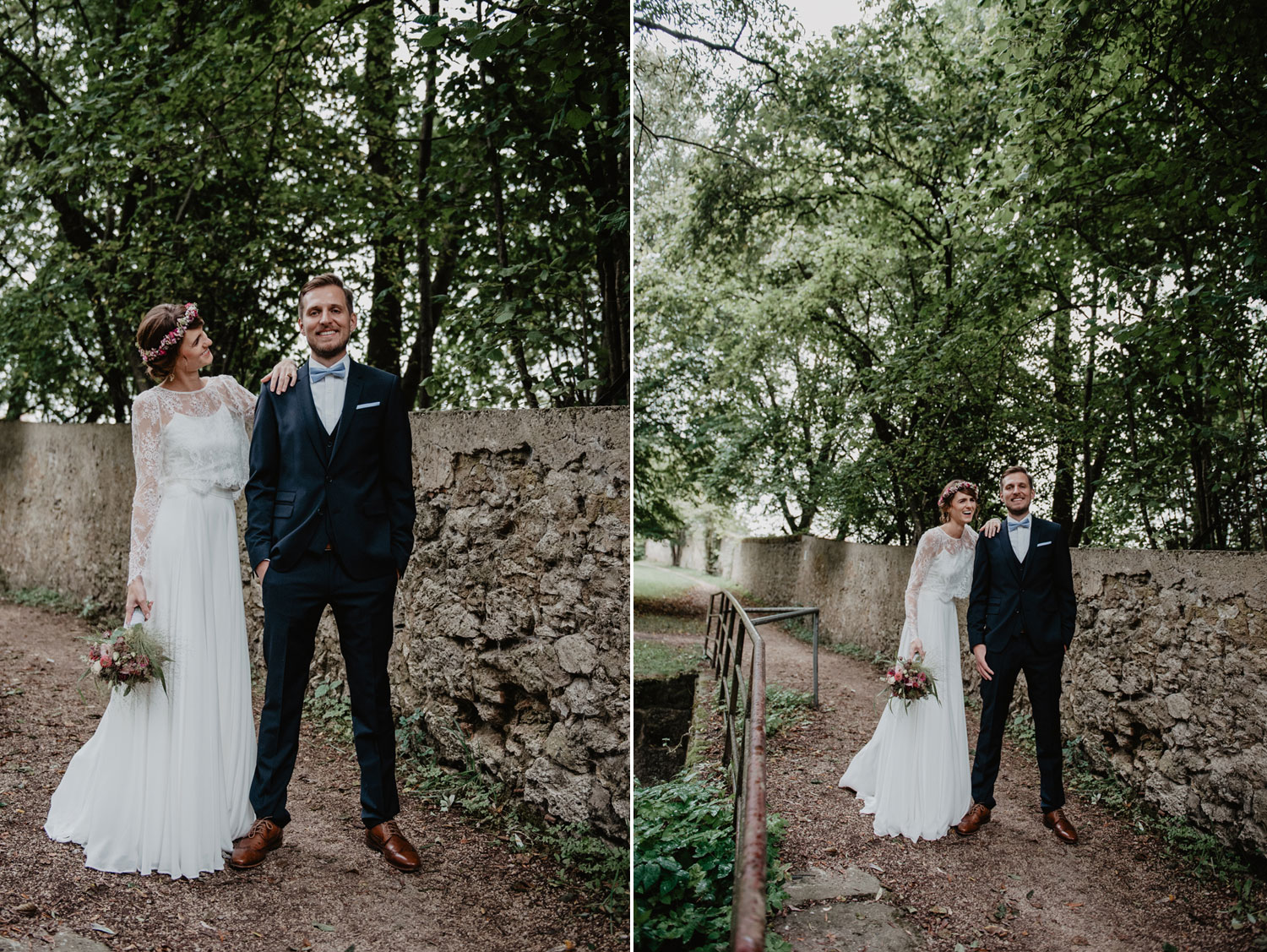 boho bride and groom posing on bridge in forest in the rain