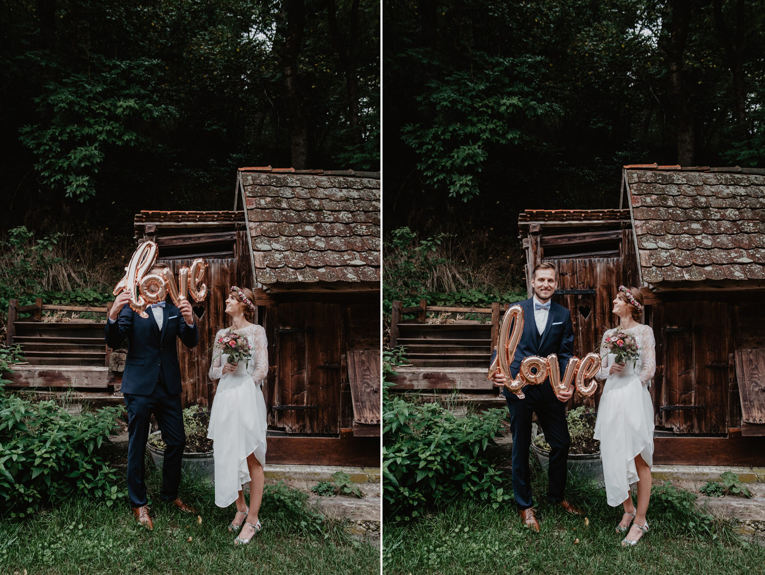 boho groom and bride holding love balloon sign in front of rustic barn