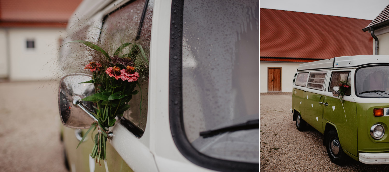 vintage VW van decorated with wild flowers in the rain