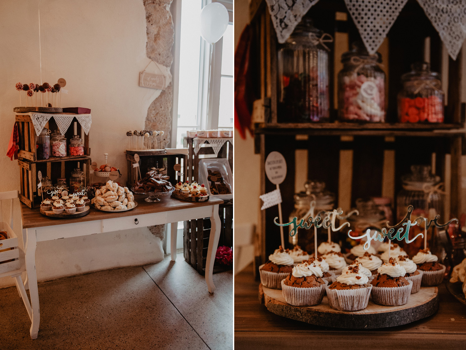 selbstgemachte romantik candy bar im vogelbauerhof balgheim auf boho hochzeit